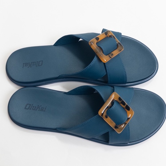 Olukai La'i Slide Sandals Women 8 Blue Tortoise Buckle Comfort Slip-On 31473-00 - Picture 9 of 16